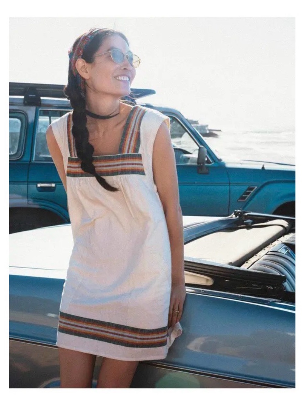Faherty White Mini Dress with Multicolor Stripe Trim
